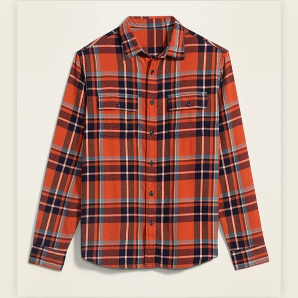 BNWT Men’s Orange Flannel Plaid Button Up Shirt